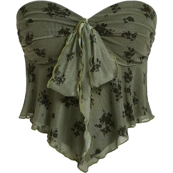 Tops - Women's Floral Strapless Tie Front Top Green